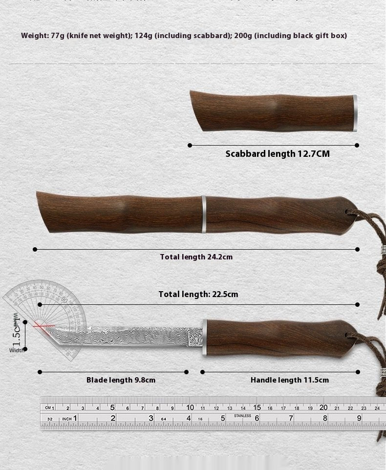 Red Sandalwood Forged Yellow Ginseng Damascus Steel Straight Sheath Knife Outdoor