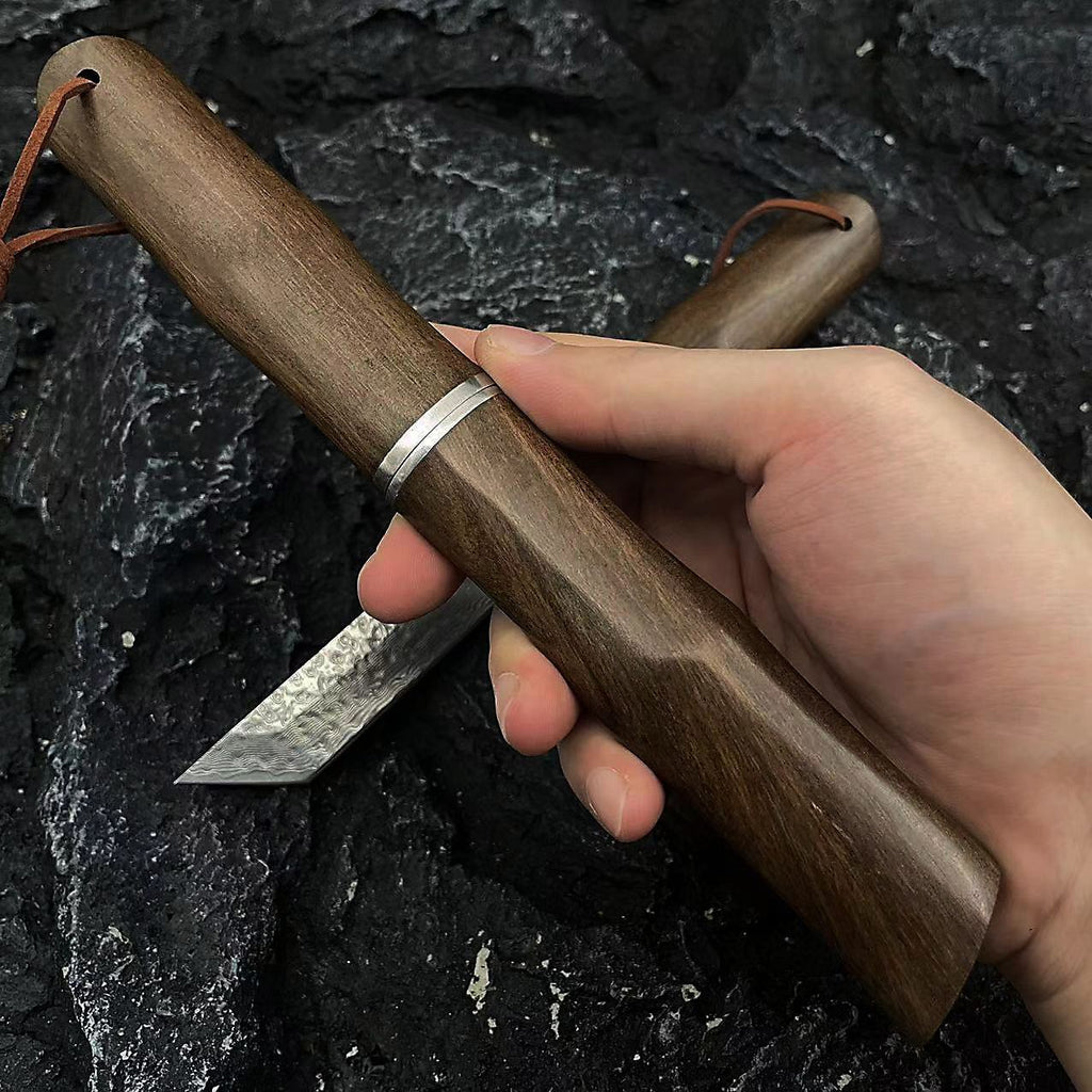 Red Sandalwood Forged Yellow Ginseng Damascus Steel Straight Sheath Knife Outdoor