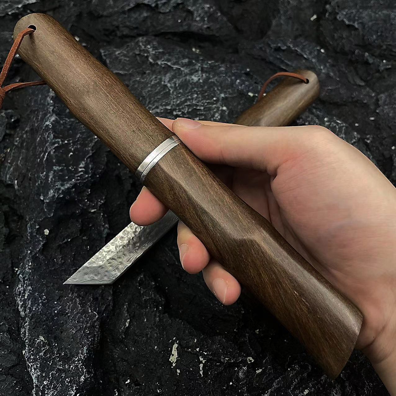 Red Sandalwood Forged Yellow Ginseng Damascus Steel Straight Sheath Knife Outdoor