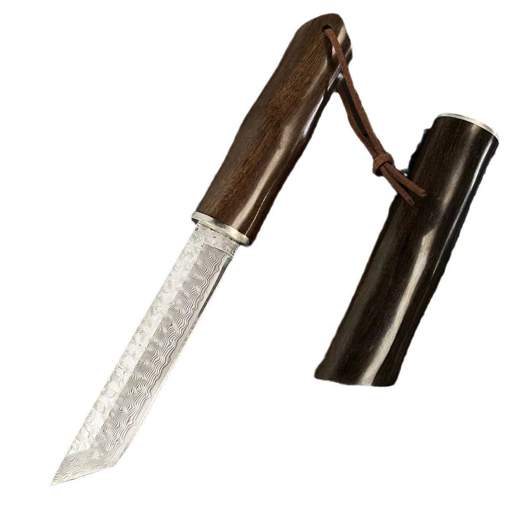 Red Sandalwood Forged Yellow Ginseng Damascus Steel Straight Sheath Knife Outdoor