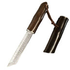 Red Sandalwood Forged Yellow Ginseng Damascus Steel Straight Sheath Knife Outdoor